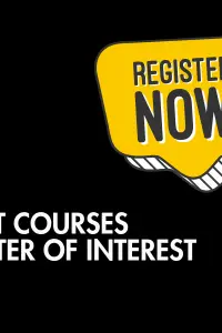 "Short Course Register of Interest" in white text on black background, with a yellow speech bubble saying "Register now!"