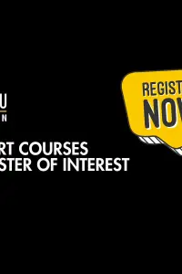 White text on black background "Short courses register of interest" with yellow speech bubble and black text "Register now"