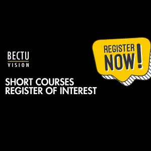 White text on black background "Short courses register of interest" with yellow speech bubble and black text "Register now"