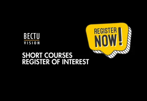 White text on black background "Short courses register of interest" with yellow speech bubble and black text "Register now"