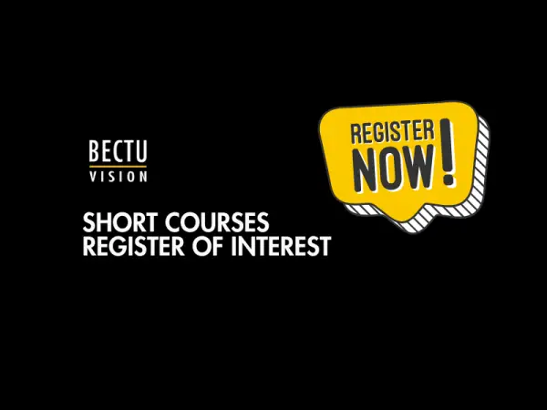 White text on black background "Short courses register of interest" with yellow speech bubble and black text "Register now"