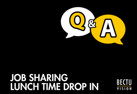 Question & Answer speech bubbles on black background with text that read "Job Sharing Lunch Time Drop In"