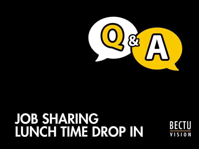 Question & Answer speech bubbles on black background with text that read "Job Sharing Lunch Time Drop In"