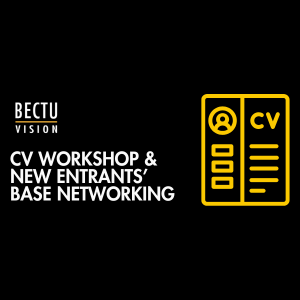 White text on black background "CV Workshop & New Entrants' Base Networking" with yellow graphic of a CV