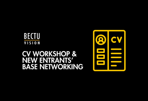 White text on black background "CV Workshop & New Entrants' Base Networking" with yellow graphic of a CV