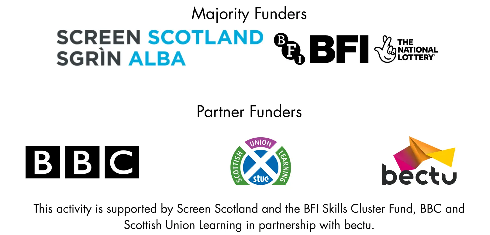 BECTU Vision Funders Majority Funders: Screen Scotland & BFI Skills Cluster Partner Funders: BBC & Scottish Union Learning in partnership with Bectu