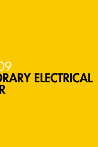 Yellow graphic with white and black text reading BS 7909: Temporary Electrical Power