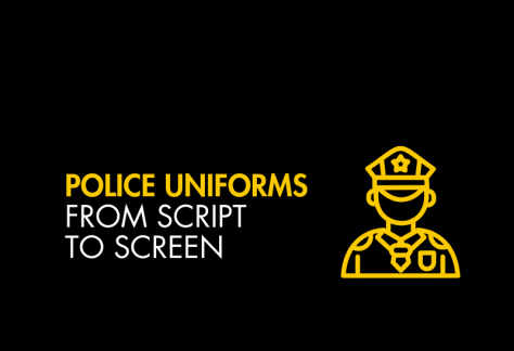 Black graphic with yellow and white text reading: Police Uniforms from script to screen