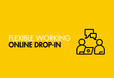 Yellow graphic with white and black text reading 'flexible working online drop-in