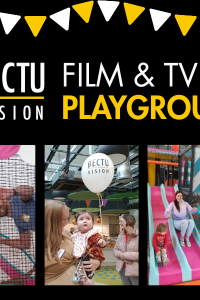 bectuvision logo and text reading 'film and tv playgroup' with images of children and their parents and carers.