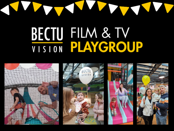 bectuvision logo and text reading 'film and tv playgroup' with images of children and their parents and carers.