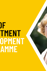 Yellow graphic with image of Sara Putt and text reading Head of Department Development Programme