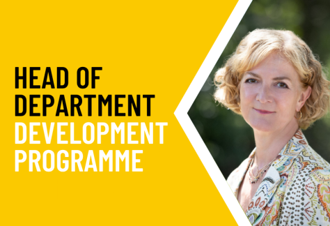 Yellow graphic with image of Sara Putt and text reading Head of Department Development Programme